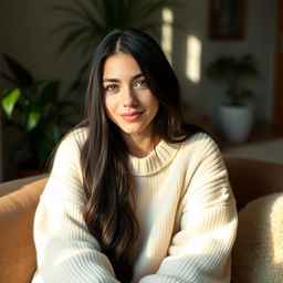 A portrait of a young woman with long, flowing black hair and striking green eyes, wearing a cozy oversized sweater in a soft pastel color