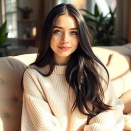 A portrait of a young woman with long, flowing black hair and striking green eyes, wearing a cozy oversized sweater in a soft pastel color