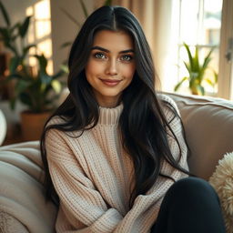 A portrait of a young woman with long, flowing black hair and striking green eyes, wearing a cozy oversized sweater in a soft pastel color