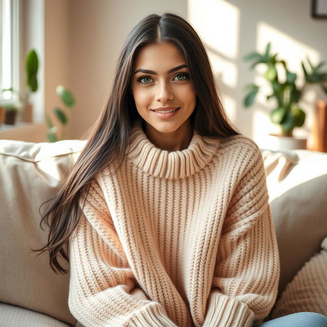 A portrait of a young woman with long, flowing black hair and striking green eyes, wearing a cozy oversized sweater in a soft pastel color