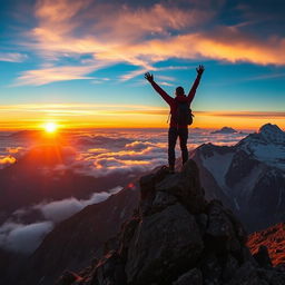 A breathtaking mountain landscape at sunrise, with vibrant, warm colors illuminating the sky, casting a golden hue on the snow-capped peaks