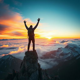 A breathtaking mountain landscape at sunrise, with vibrant, warm colors illuminating the sky, casting a golden hue on the snow-capped peaks