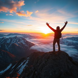 A breathtaking mountain landscape at sunrise, with vibrant, warm colors illuminating the sky, casting a golden hue on the snow-capped peaks