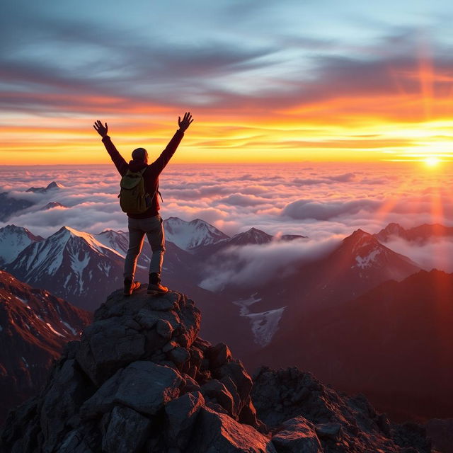 A breathtaking mountain landscape at sunrise, with vibrant, warm colors illuminating the sky, casting a golden hue on the snow-capped peaks