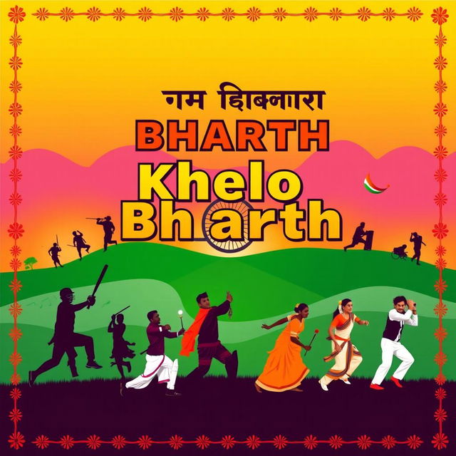 A vibrant poster for 'Khelo Bharth', showcasing traditional Indian sports and cultural activities