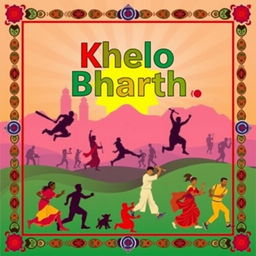 A vibrant poster for 'Khelo Bharth', showcasing traditional Indian sports and cultural activities