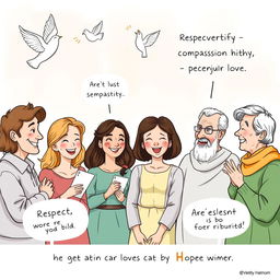 An editorial cartoon illustrating a gentle scene where diverse people, young and old, are engaging in a respectful dialogue about the virtues of respect, sympathy, and compassion
