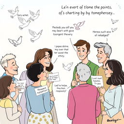 An editorial cartoon illustrating a gentle scene where diverse people, young and old, are engaging in a respectful dialogue about the virtues of respect, sympathy, and compassion