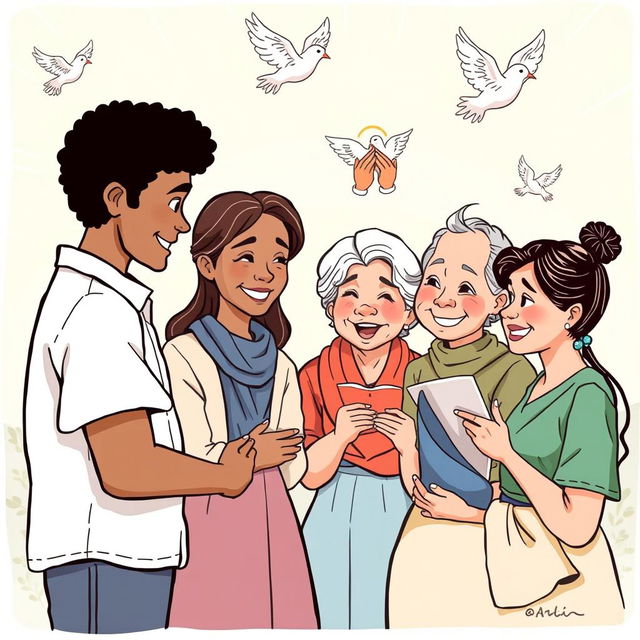 An editorial cartoon illustrating a gentle scene where diverse people, young and old, are engaging in a respectful dialogue about the virtues of respect, sympathy, and compassion