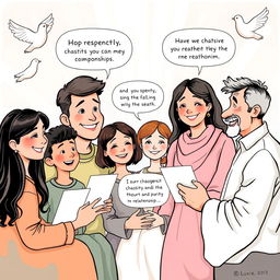 An editorial cartoon illustrating a gentle scene where diverse people, young and old, are engaging in a respectful dialogue about the virtues of respect, sympathy, and compassion