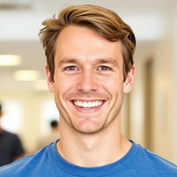 A cheerful, smiling man with short brown hair and a friendly expression, wearing a casual blue t-shirt