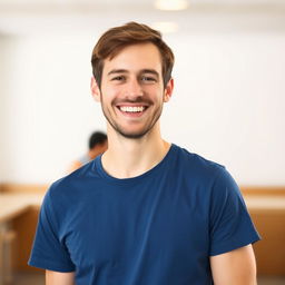A cheerful, smiling man with short brown hair and a friendly expression, wearing a casual blue t-shirt