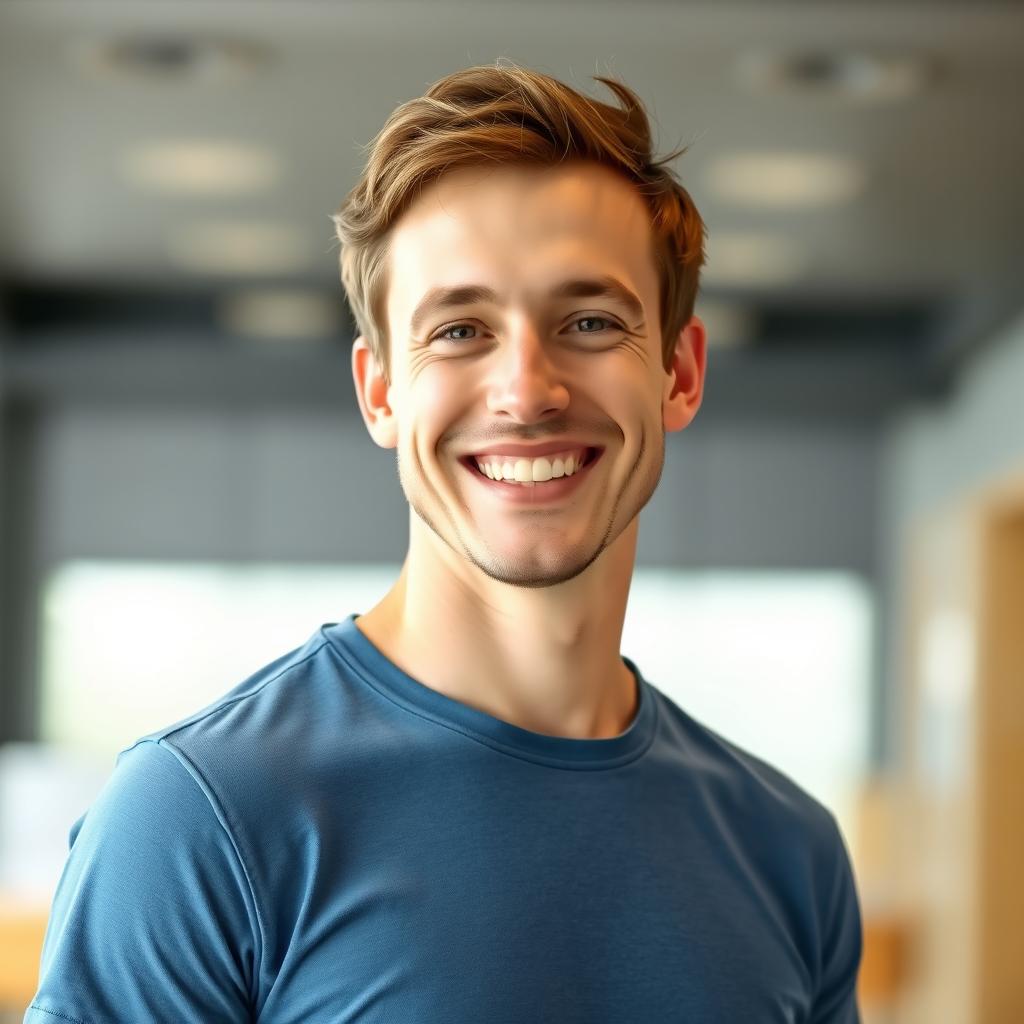 A cheerful, smiling man with short brown hair and a friendly expression, wearing a casual blue t-shirt