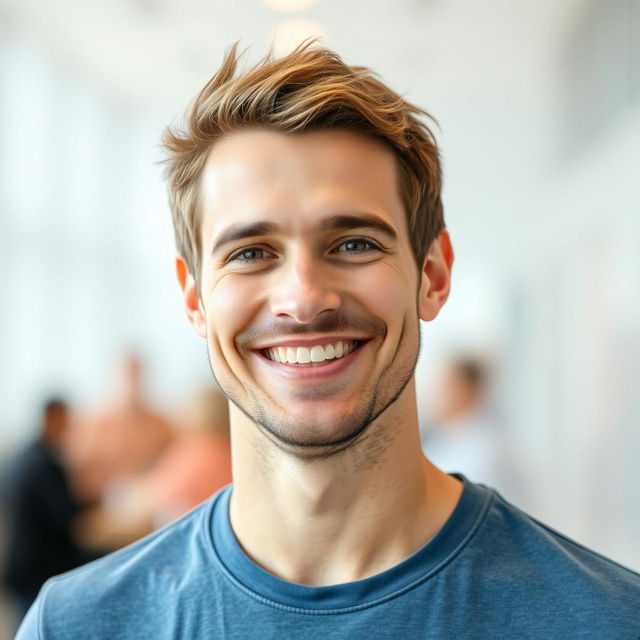 A cheerful, smiling man with short brown hair and a friendly expression, wearing a casual blue t-shirt