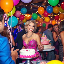A lively and festive scene featuring a woman resembling Jane Kaczmarek, dressed in a stylish party outfit, having a great time at a glamorous event