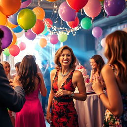 A lively and festive scene featuring a woman resembling Jane Kaczmarek, dressed in a stylish party outfit, having a great time at a glamorous event