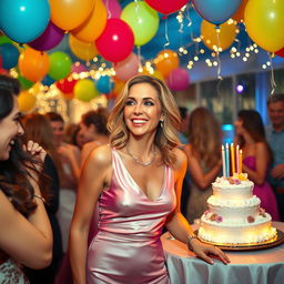 A lively and festive scene featuring a woman resembling Jane Kaczmarek, dressed in a stylish party outfit, having a great time at a glamorous event