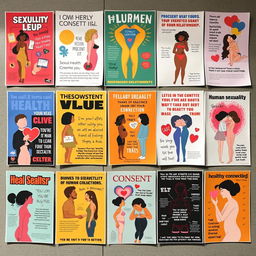 A collection of artistic and educational posters about human sexuality, showcasing diverse themes such as sexual health, consent, and the beauty of human connection