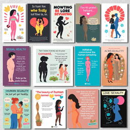 A collection of artistic and educational posters about human sexuality, showcasing diverse themes such as sexual health, consent, and the beauty of human connection