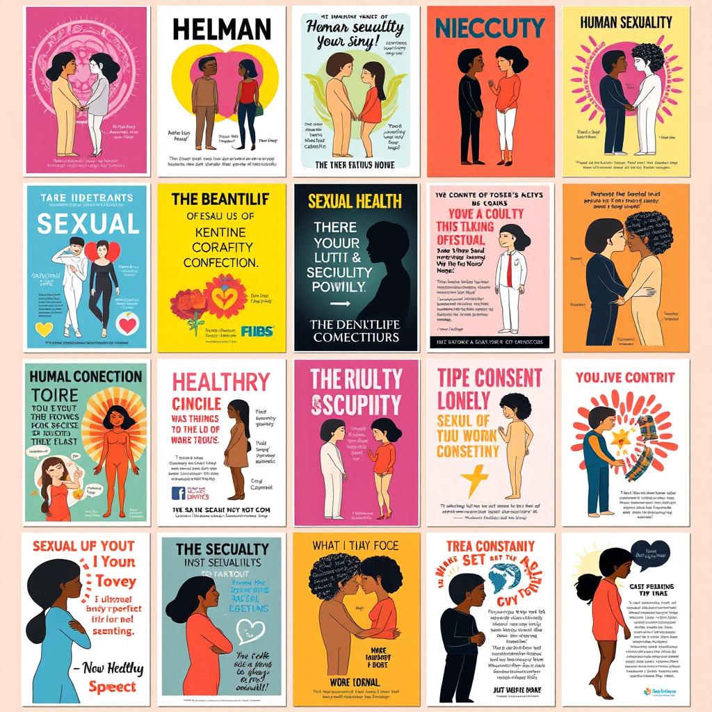 A collection of artistic and educational posters about human sexuality, showcasing diverse themes such as sexual health, consent, and the beauty of human connection