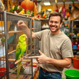 A cheerful man with a warm smile, dressed in simple, casual clothes such as a plain t-shirt and jeans, is joyfully pointing at a vibrant green parrot in a cage within a lively pet shop
