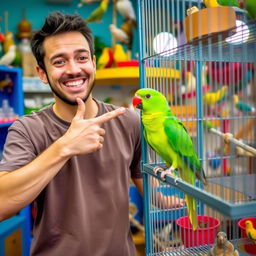 A cheerful man with a warm smile, dressed in simple, casual clothes such as a plain t-shirt and jeans, is joyfully pointing at a vibrant green parrot in a cage within a lively pet shop