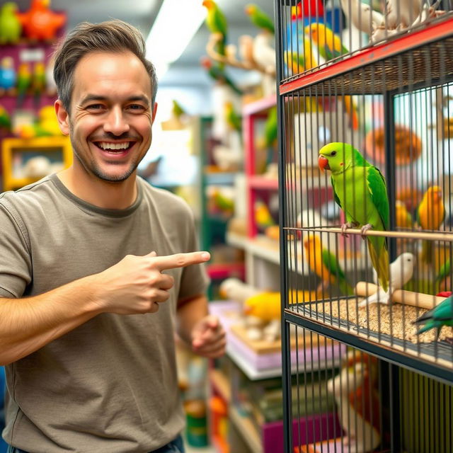 A cheerful man with a warm smile, dressed in simple, casual clothes such as a plain t-shirt and jeans, is joyfully pointing at a vibrant green parrot in a cage within a lively pet shop