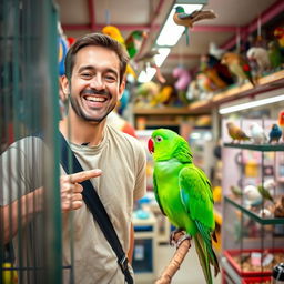 A cheerful man with a warm smile, dressed in simple, casual clothes such as a plain t-shirt and jeans, is joyfully pointing at a vibrant green parrot in a cage within a lively pet shop