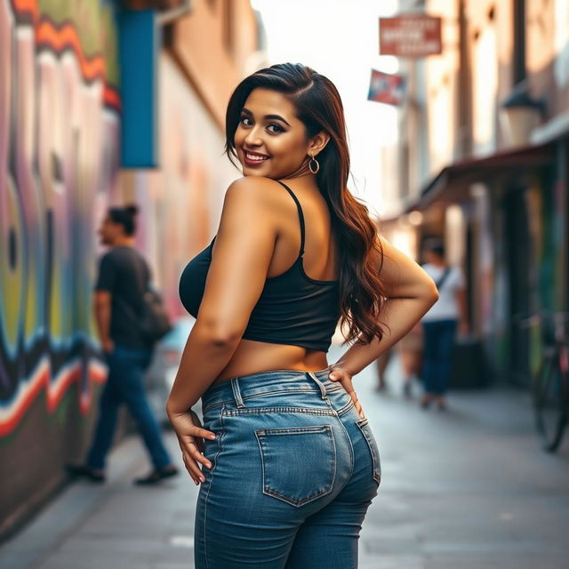 A confident and curvy woman with large breasts and a shapely backside, dressed in a trendy crop top and high-waisted jeans that accentuate her figure