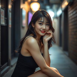 A beautiful Korean woman gracefully posed and attractively intimate, sitting sideways while casting a soft, coy glance at the camera, adorned with a gentle and cute smile