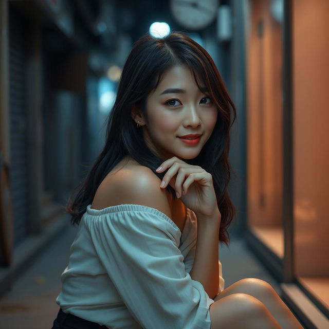 A beautiful Korean woman gracefully posed and attractively intimate, sitting sideways while casting a soft, coy glance at the camera, adorned with a gentle and cute smile