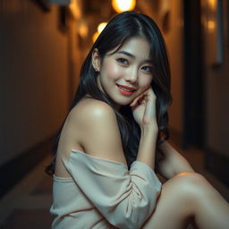 A beautiful Korean woman gracefully posed and attractively intimate, sitting sideways while casting a soft, coy glance at the camera, adorned with a gentle and cute smile