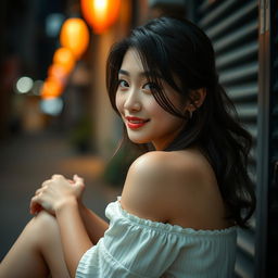 A beautiful Korean woman gracefully posed and attractively intimate, sitting sideways while casting a soft, coy glance at the camera, adorned with a gentle and cute smile