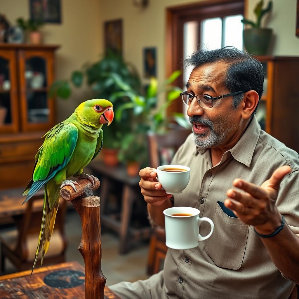 Ramesh, a middle-aged Indian man with expressive features, is animatedly teaching his bright green parrot to speak as it perches on a wooden stand