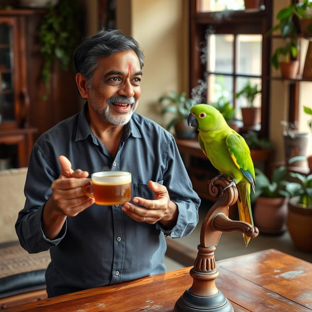 Ramesh, a middle-aged Indian man with expressive features, is animatedly teaching his bright green parrot to speak as it perches on a wooden stand