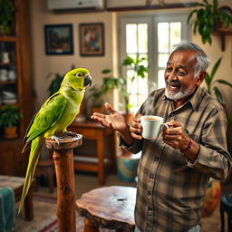 Ramesh, a middle-aged Indian man with expressive features, is animatedly teaching his bright green parrot to speak as it perches on a wooden stand