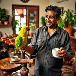 Ramesh, a middle-aged Indian man with expressive features, is animatedly teaching his bright green parrot to speak as it perches on a wooden stand