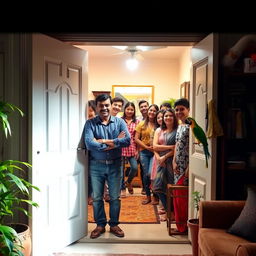A small, well-lit living room filled with cheerful guests entering through the door, each smiling warmly