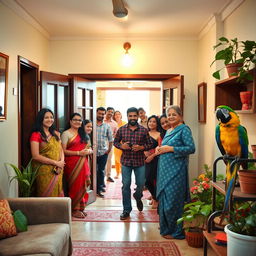 A small, well-lit living room filled with cheerful guests entering through the door, each smiling warmly
