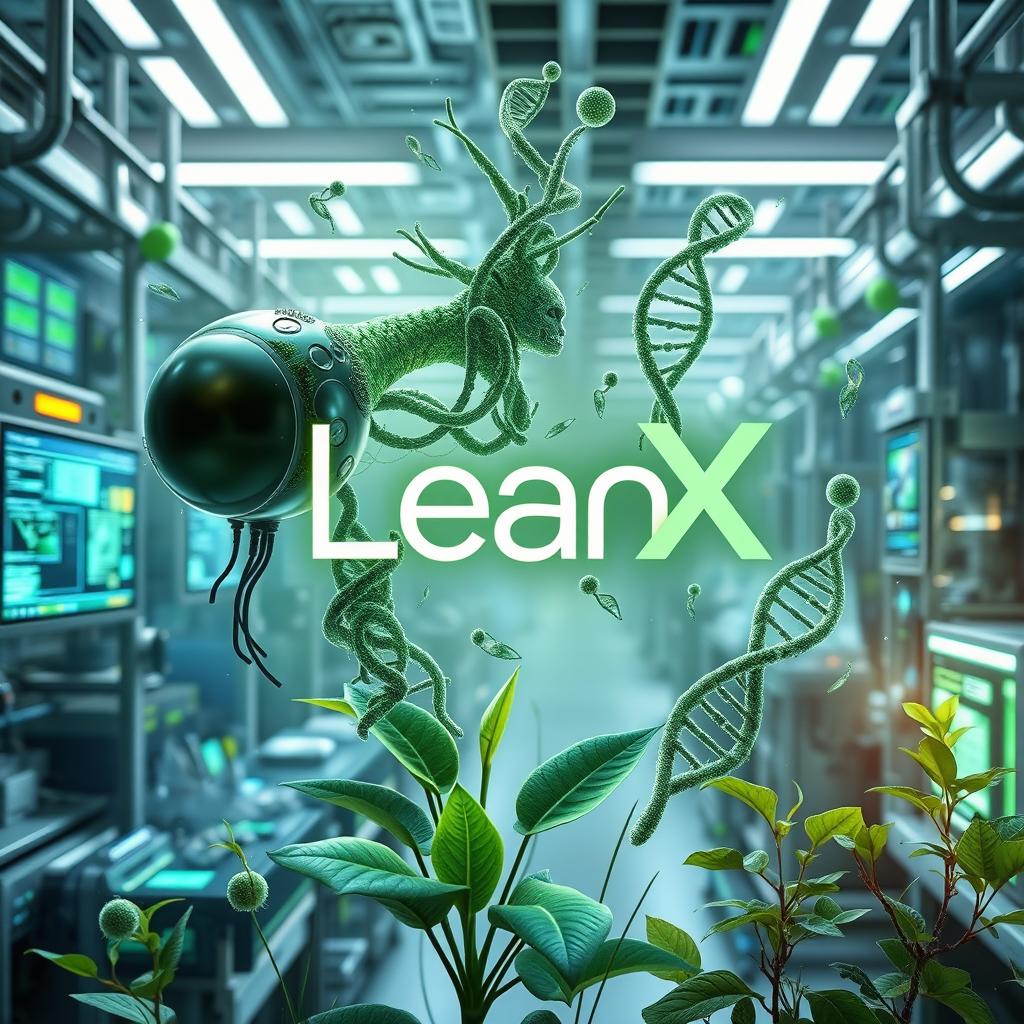 An artistic representation of the concept of 'Bio LeanX', which symbolizes the integration of biology and technology in a futuristic setting