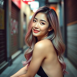 A beautiful Korean woman posing gracefully and attractively in a sensual manner, with long hair blending shades of pink, green, and purple, sitting sideways while glancing at the camera with a soft and cute smile