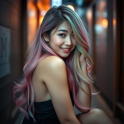 A beautiful Korean woman posing gracefully and attractively in a sensual manner, with long hair blending shades of pink, green, and purple, sitting sideways while glancing at the camera with a soft and cute smile