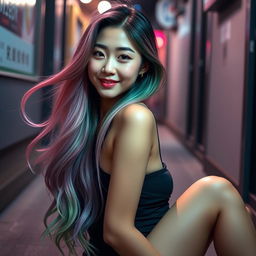 A beautiful Korean woman posing gracefully and attractively in a sensual manner, with long hair blending shades of pink, green, and purple, sitting sideways while glancing at the camera with a soft and cute smile