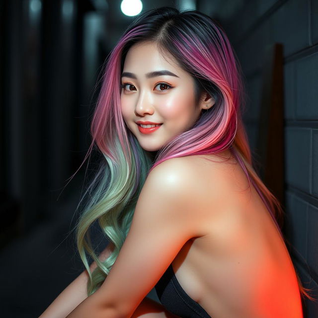 A beautiful Korean woman posing gracefully and attractively in a sensual manner, with long hair blending shades of pink, green, and purple, sitting sideways while glancing at the camera with a soft and cute smile