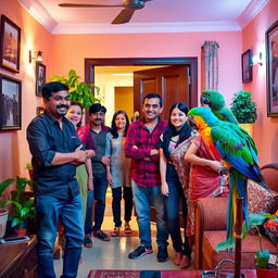 A delightful scene in a small, cozy living room where a group of smiling guests are entering