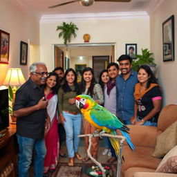 A delightful scene in a small, cozy living room where a group of smiling guests are entering