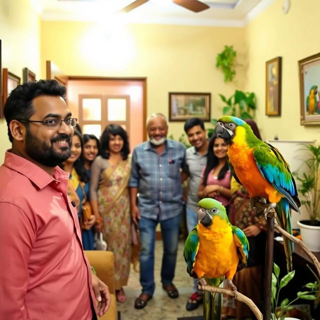 A delightful scene in a small, cozy living room where a group of smiling guests are entering