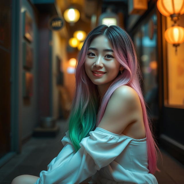 A beautiful Korean woman posing elegantly and attractively, with long hair in shades of pink, green, and purple