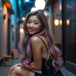 A beautiful Korean woman posing elegantly and attractively, with long hair in shades of pink, green, and purple