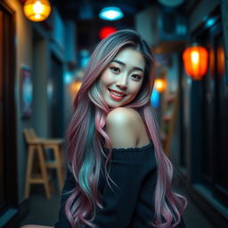 A beautiful Korean woman posing elegantly and attractively, with long hair in shades of pink, green, and purple